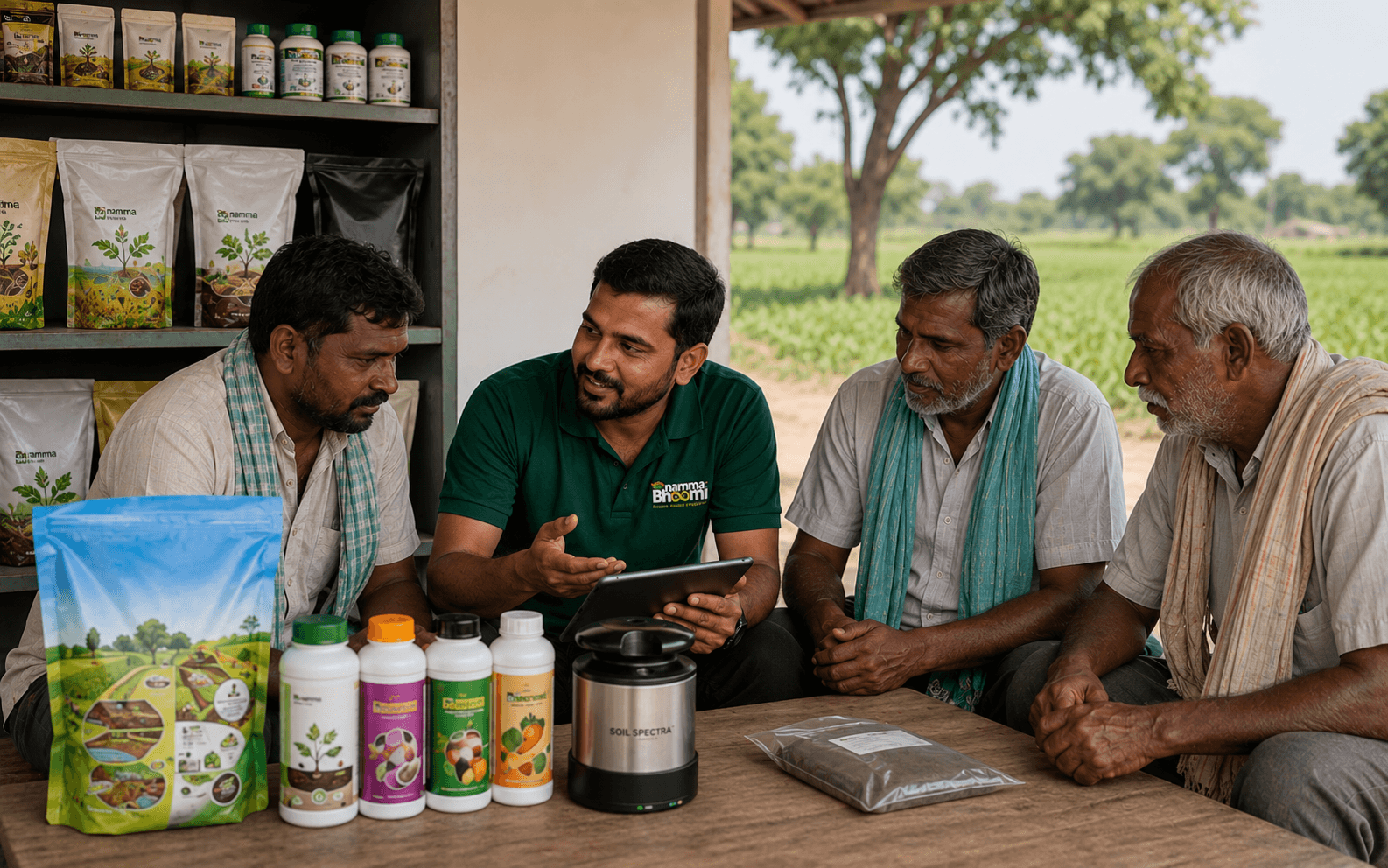 A village entrepreneur discussing testing and agricultural services with farmers