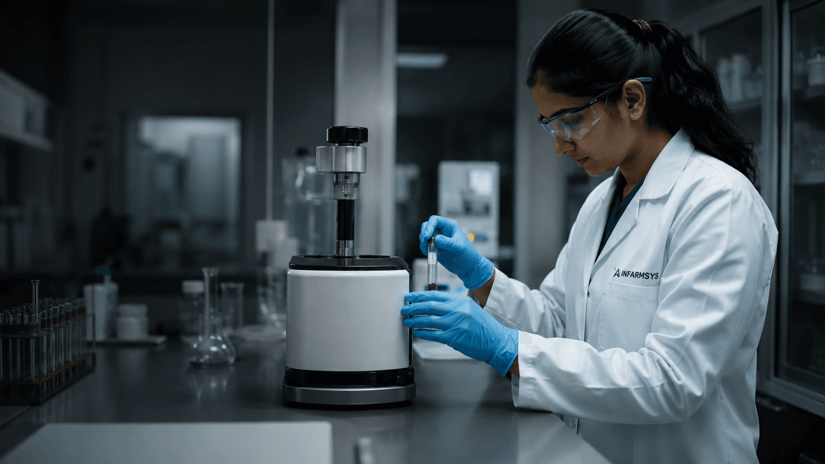 An Infarmsys researcher working with a testing instrument in the laboratory